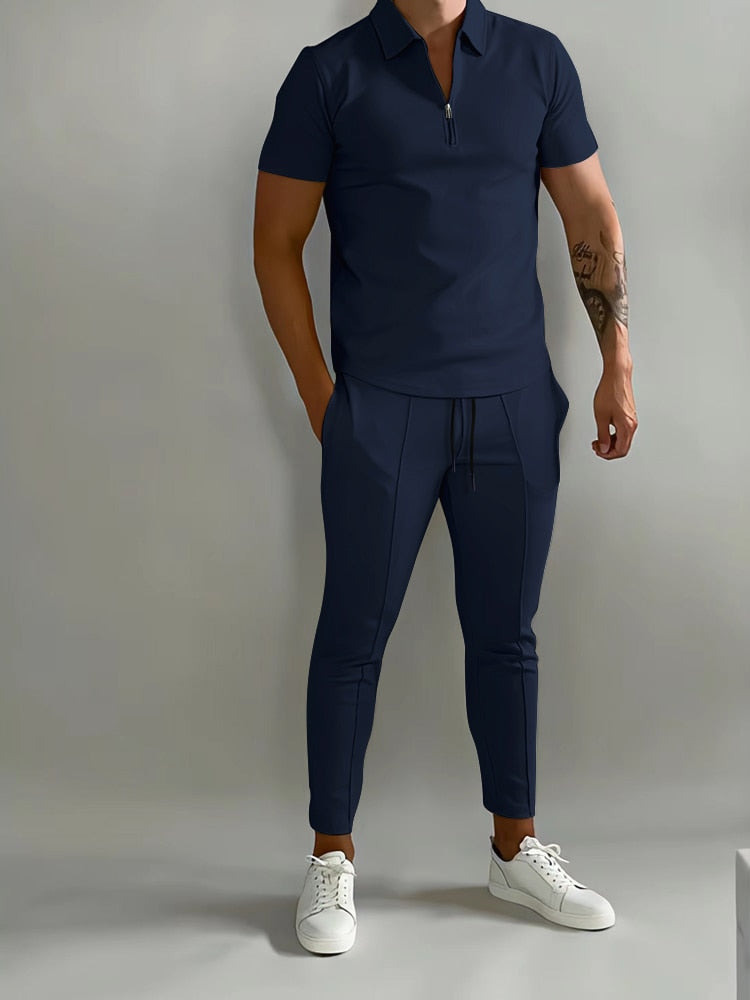 New Solid Color Men's Suit Summer Casual Short Sleeve Polo Shirt Calf pants &for Men Streetwear Male tracksuit 2-piece set