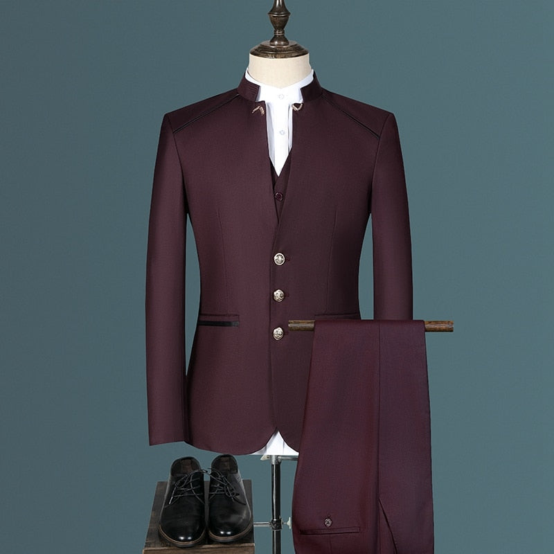 Stand Collar Men Blazer Pants Vest Business Suit Set