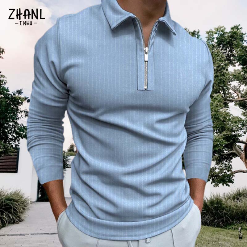 Autumn Men Casual Polo Shirt Long Sleeve Zipper Top