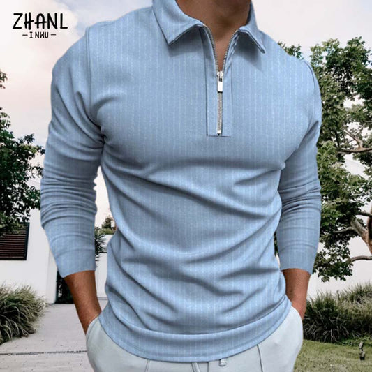 Autumn Men Casual Polo Shirt Long Sleeve Zipper  Top