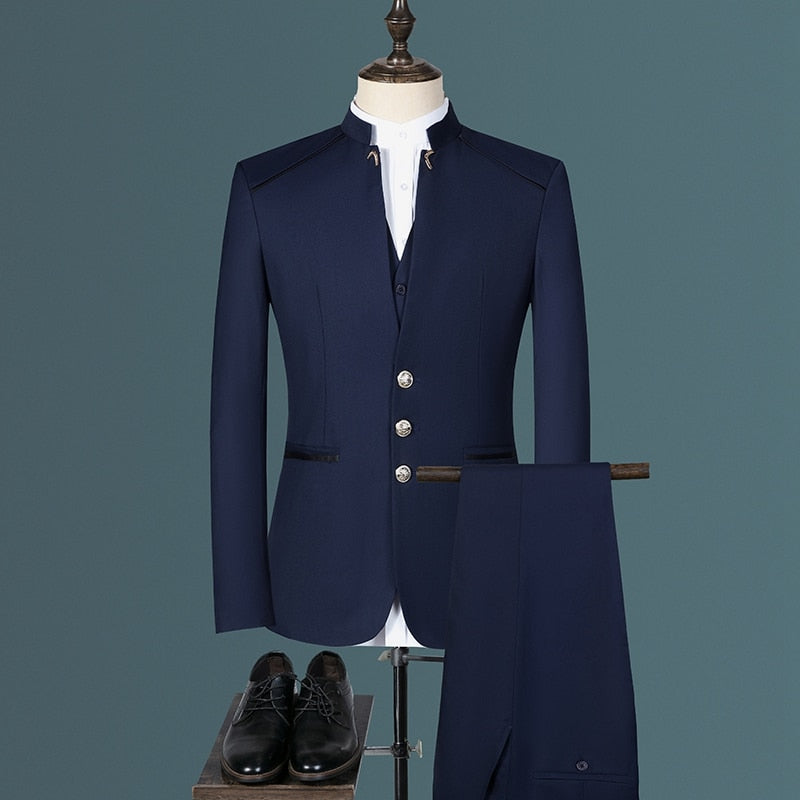 Stand Collar Men Blazer Pants Vest Business Suit Set