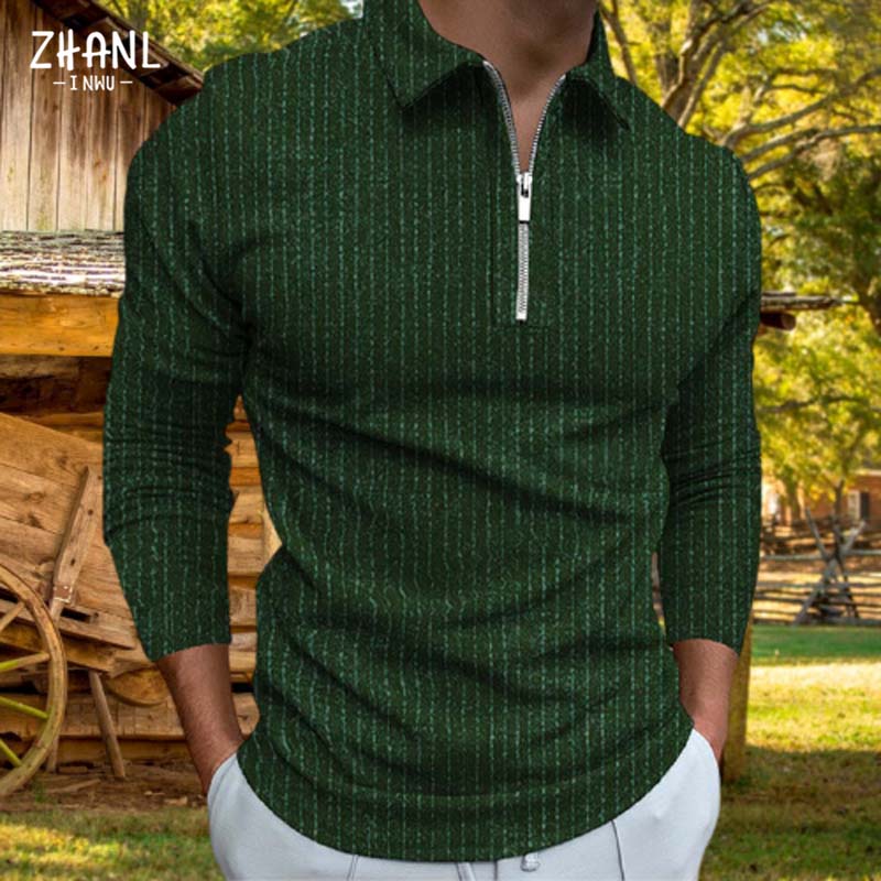 Autumn Men Casual Polo Shirt Long Sleeve Zipper Top