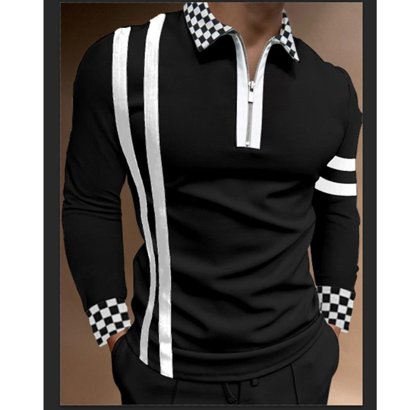 Black White Long Sleeve Polo Shirt