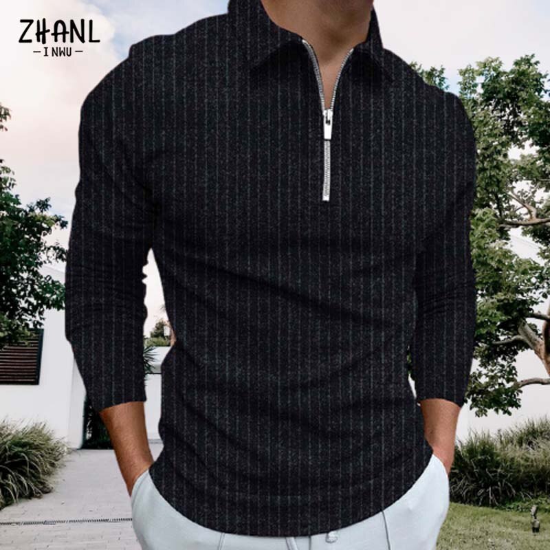 Autumn Men Casual Polo Shirt Long Sleeve Zipper Top