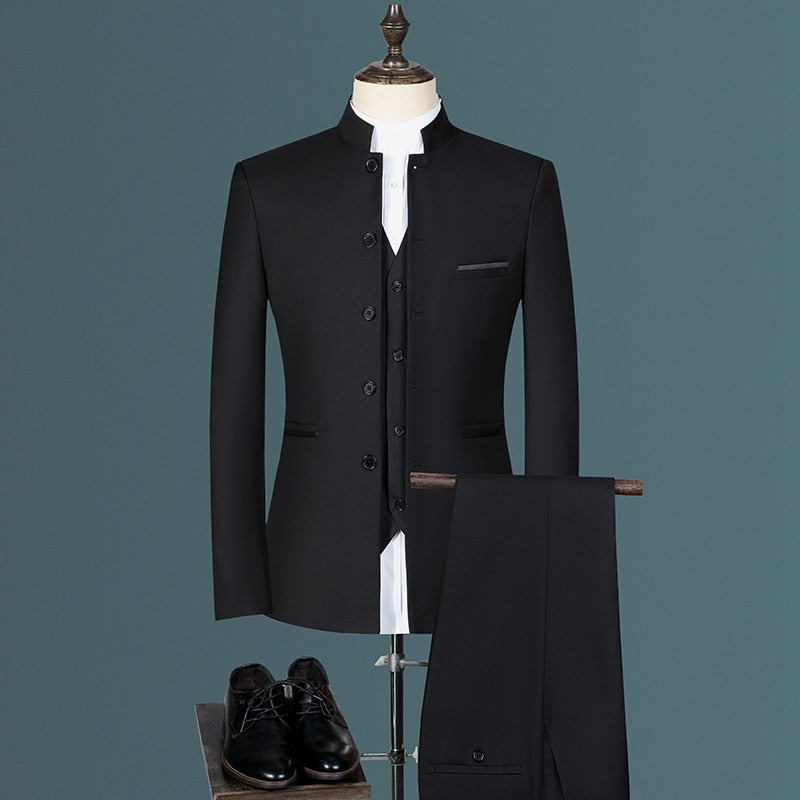 Stand Collar Men Blazer Pants Vest Business Suit Set