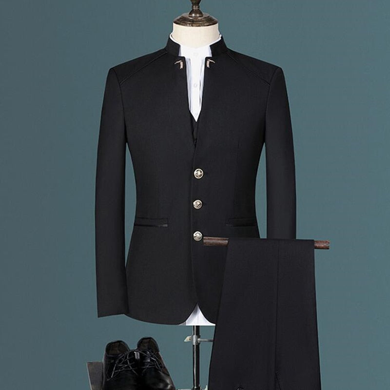 Stand Collar Men Blazer Pants Vest Business Suit Set