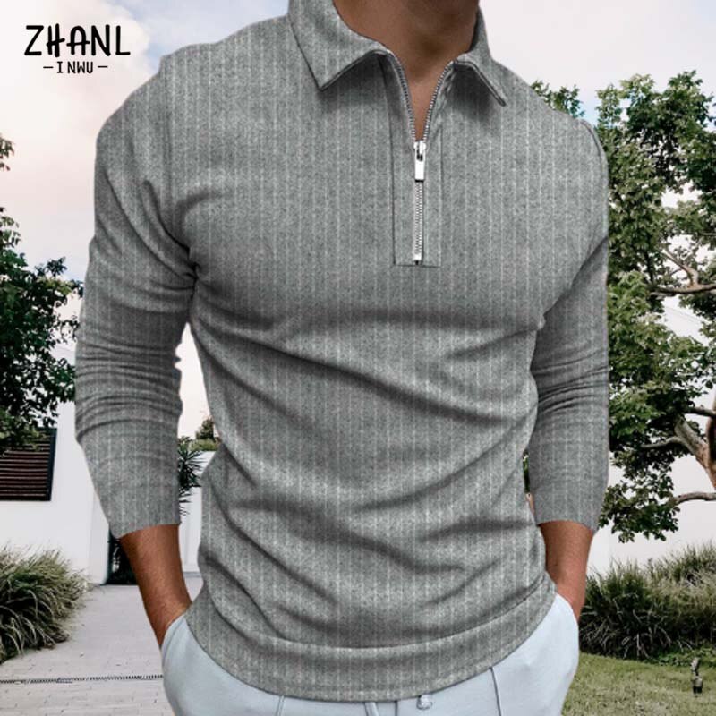 Autumn Men Casual Polo Shirt Long Sleeve Zipper Top