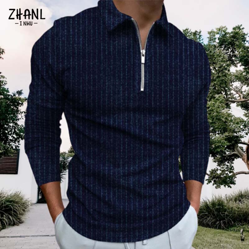 Autumn Men Casual Polo Shirt Long Sleeve Zipper Top