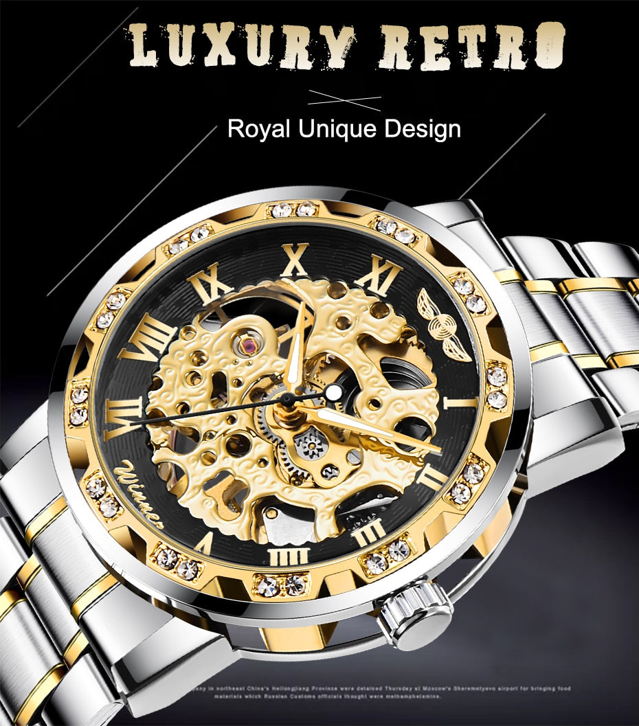Men’s Elegant Transparent Hands Gear Movement Retro Mechanical Skeleton Wrist Watches