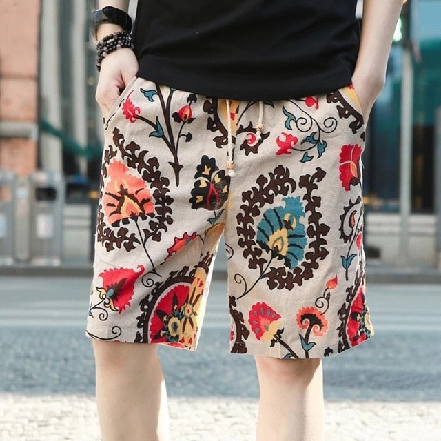 Summer 2020 Casual Shorts Men Floral Printed Men Shorts Men Shorts Streetwear Cotton Linen Beach Fashion