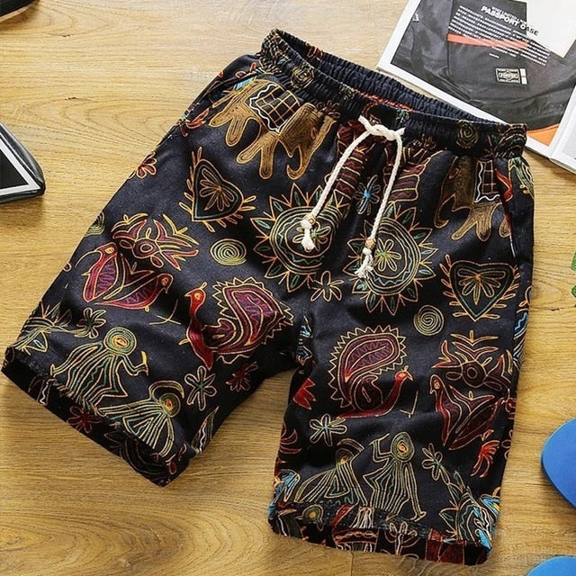 Summer 2020 Casual Shorts Men Floral Printed Men Shorts Men Shorts Streetwear Cotton Linen Beach Fashion