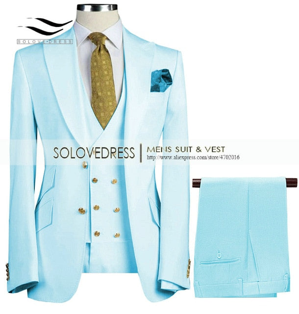 Uchehi Suit 3 Pieces Slim Fit Business Suit Set Wedding Suit Blazer+Pants+Vest