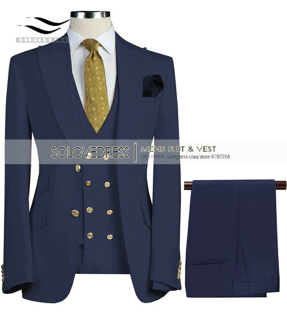 Uchehi Suit 3 Pieces Slim Fit Business Suit Set Wedding Suit Blazer+Pants+Vest