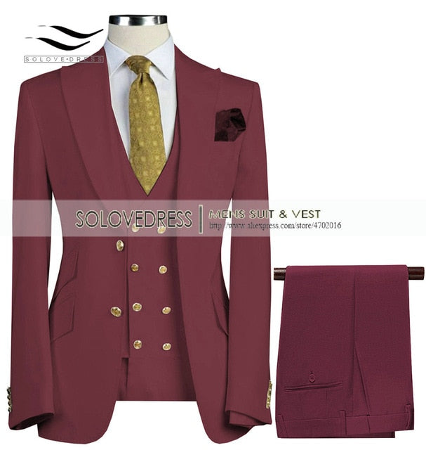 Uchehi Suit 3 Pieces Slim Fit Business Suit Set Wedding Suit Blazer+Pants+Vest