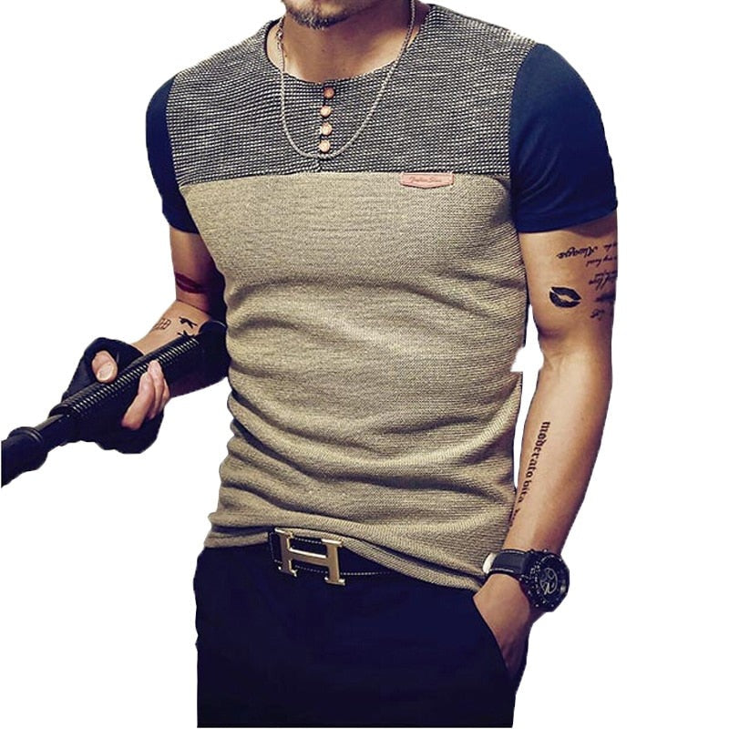 Men Cotton Casual Patchwork Short Sleeve Shirt