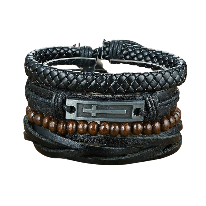 Max Men's PU Bangle Wide Braided Wristband Leather Bracelet Set