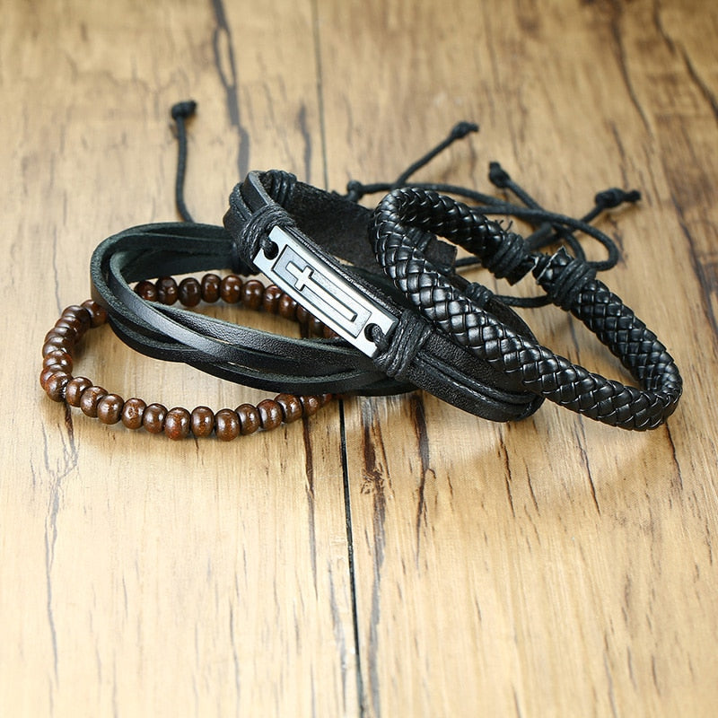Max Men's PU Bangle Wide Braided Wristband Leather Bracelet Set