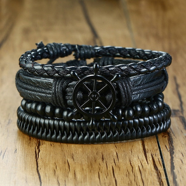 Max Men's PU Bangle Wide Braided Wristband Leather Bracelet Set