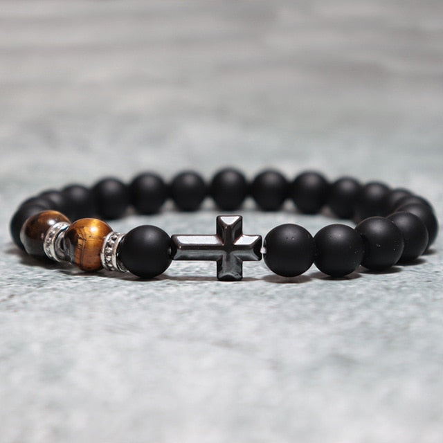 Lukas Classic Cross Lava Tiger Eye Beaded Bracelet
