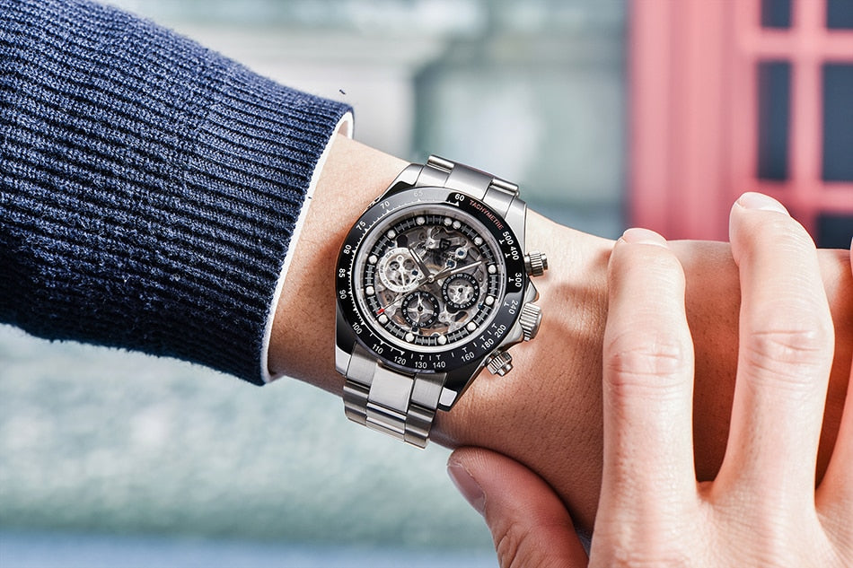Men’s Automatic Mechanical Skeleton Stainless Steel Waterproof Watch