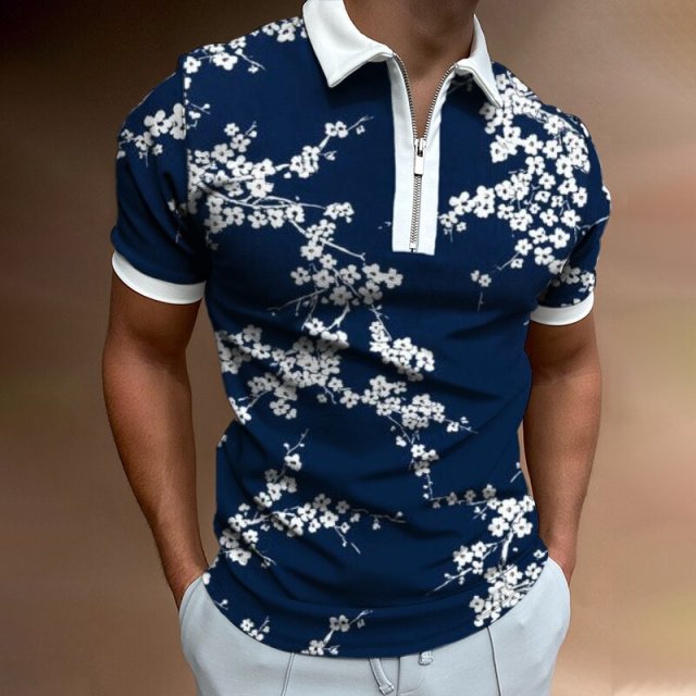 Men Casual Summer Turn-Down Collar Zipper Polo Shirt Polo Shirt