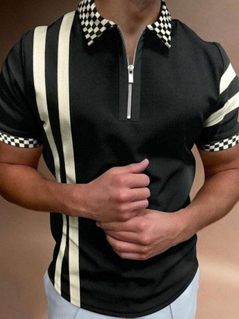 Men Casual Summer Turn-Down Collar Zipper Polo Shirt Polo Shirt