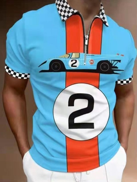 Men Casual Summer Turn-Down Collar Zipper Polo Shirt Polo Shirt