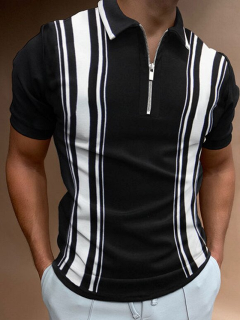 Men Casual Summer Turn-Down Collar Zipper Polo Shirt Polo Shirt