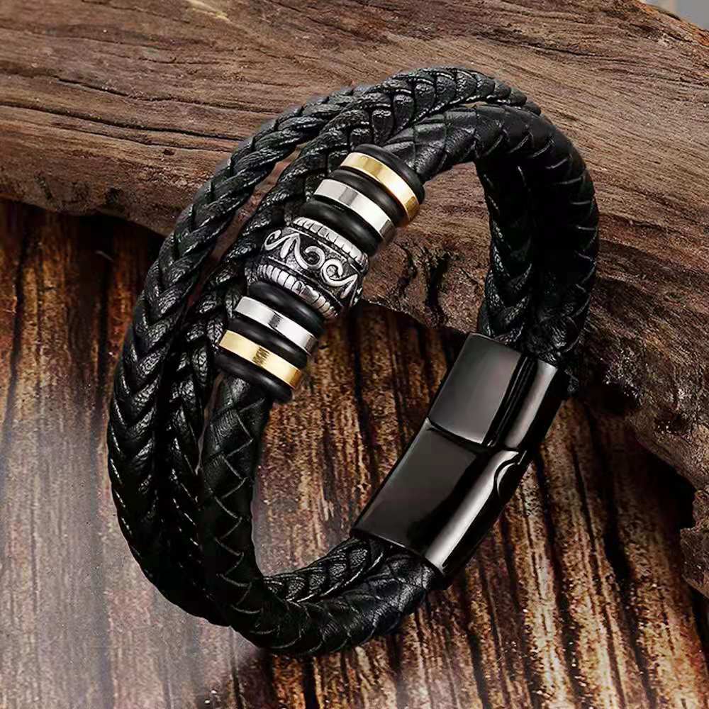 Multi-layer Leather Stainless Steel Metal Luxury Bracelet