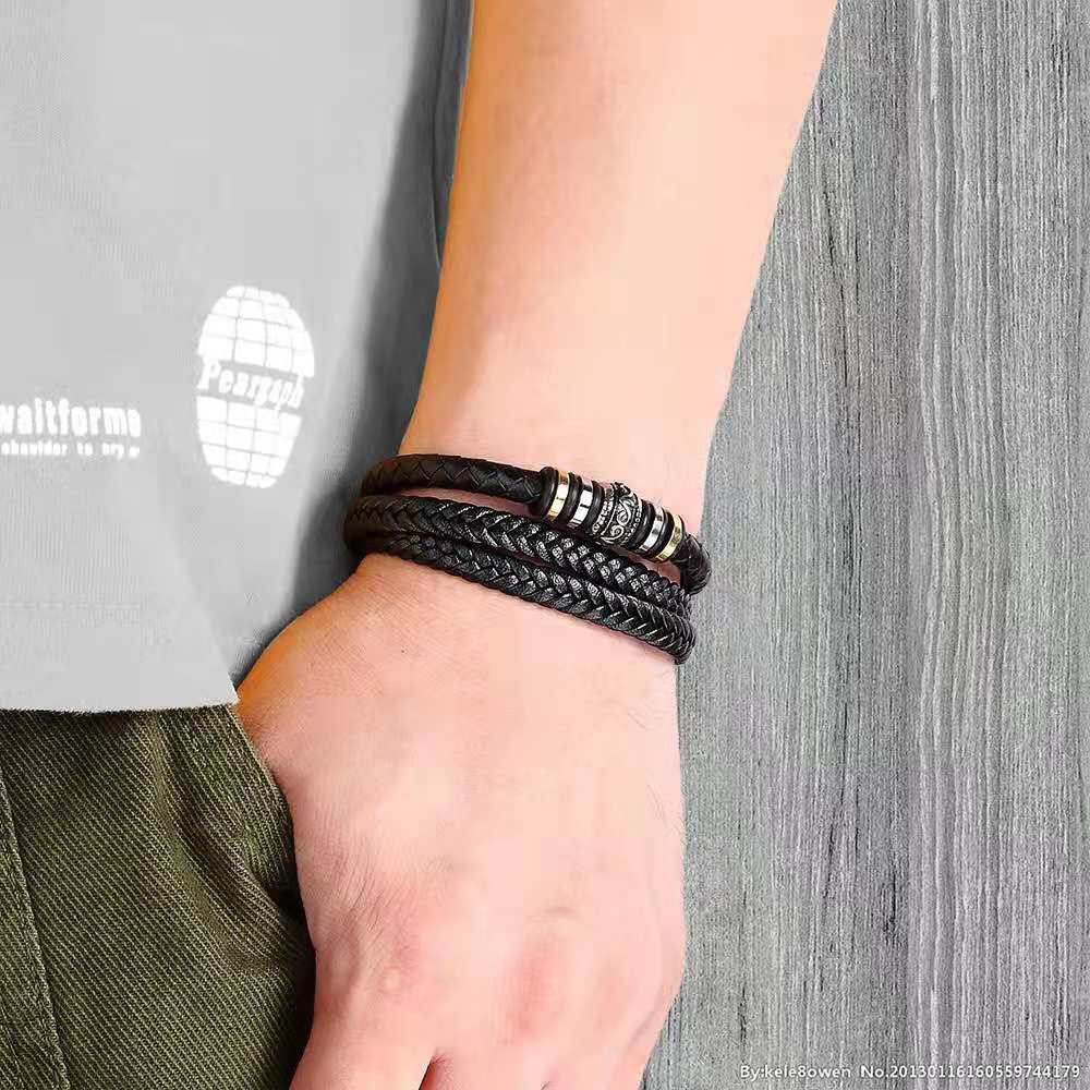 Multi-layer Leather Stainless Steel Metal Luxury Bracelet
