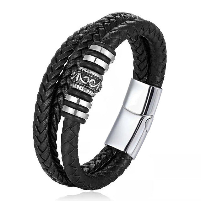 Multi-layer Leather Stainless Steel Metal Luxury Bracelet
