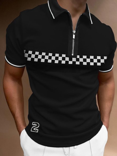 Men Casual Summer Turn-Down Collar Zipper Polo Shirt Polo Shirt