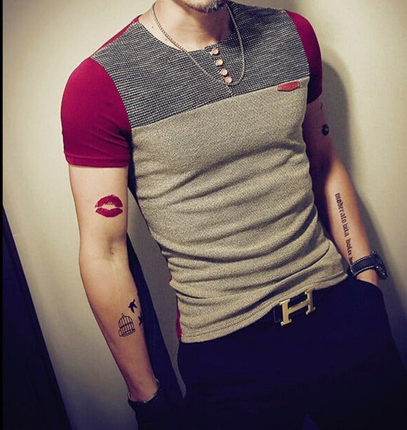 Men Cotton Casual Patchwork Short Sleeve Shirt