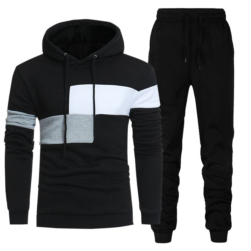 Autumn Winter Men's 2 Piece Set Patchwork Hoodies + Pants Sports Casual Fashion Sweatshirt Trousers Oversize Male Tracksuit