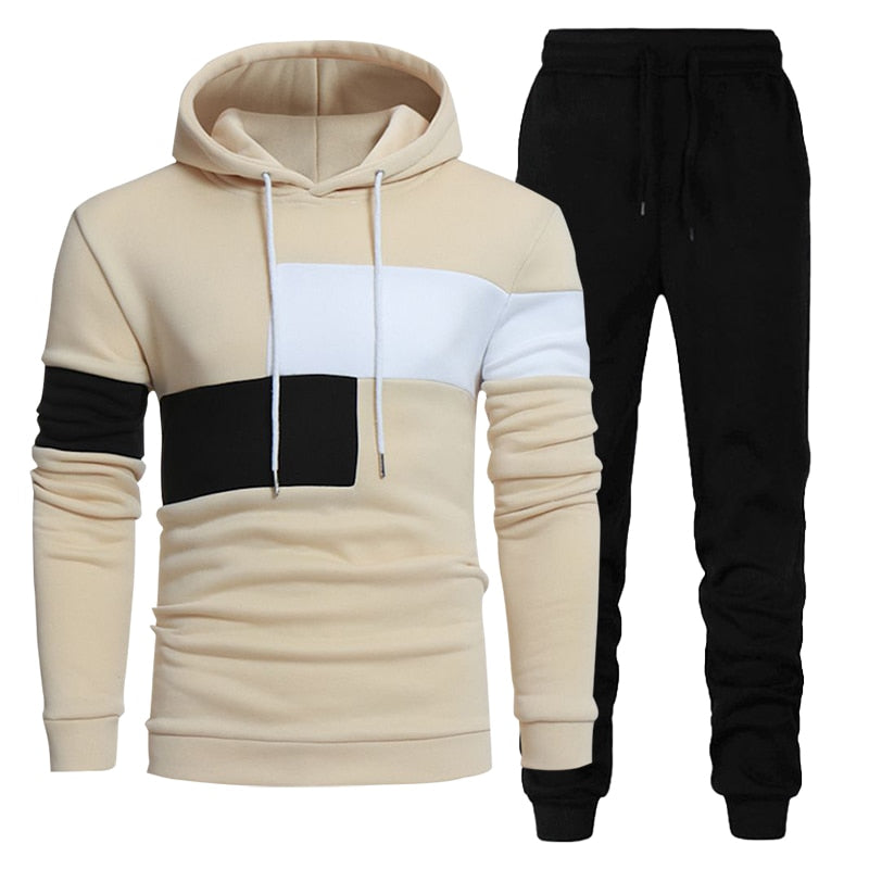 Autumn Winter Men's 2 Piece Set Patchwork Hoodies + Pants Sports Casual Fashion Sweatshirt Trousers Oversize Male Tracksuit