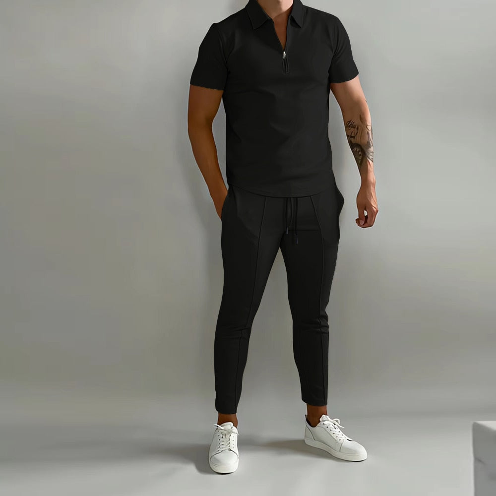 New Solid Color Men's Suit Summer Casual  Short Sleeve Polo Shirt Calf pants &for Men Streetwear Male tracksuit 2-piece set