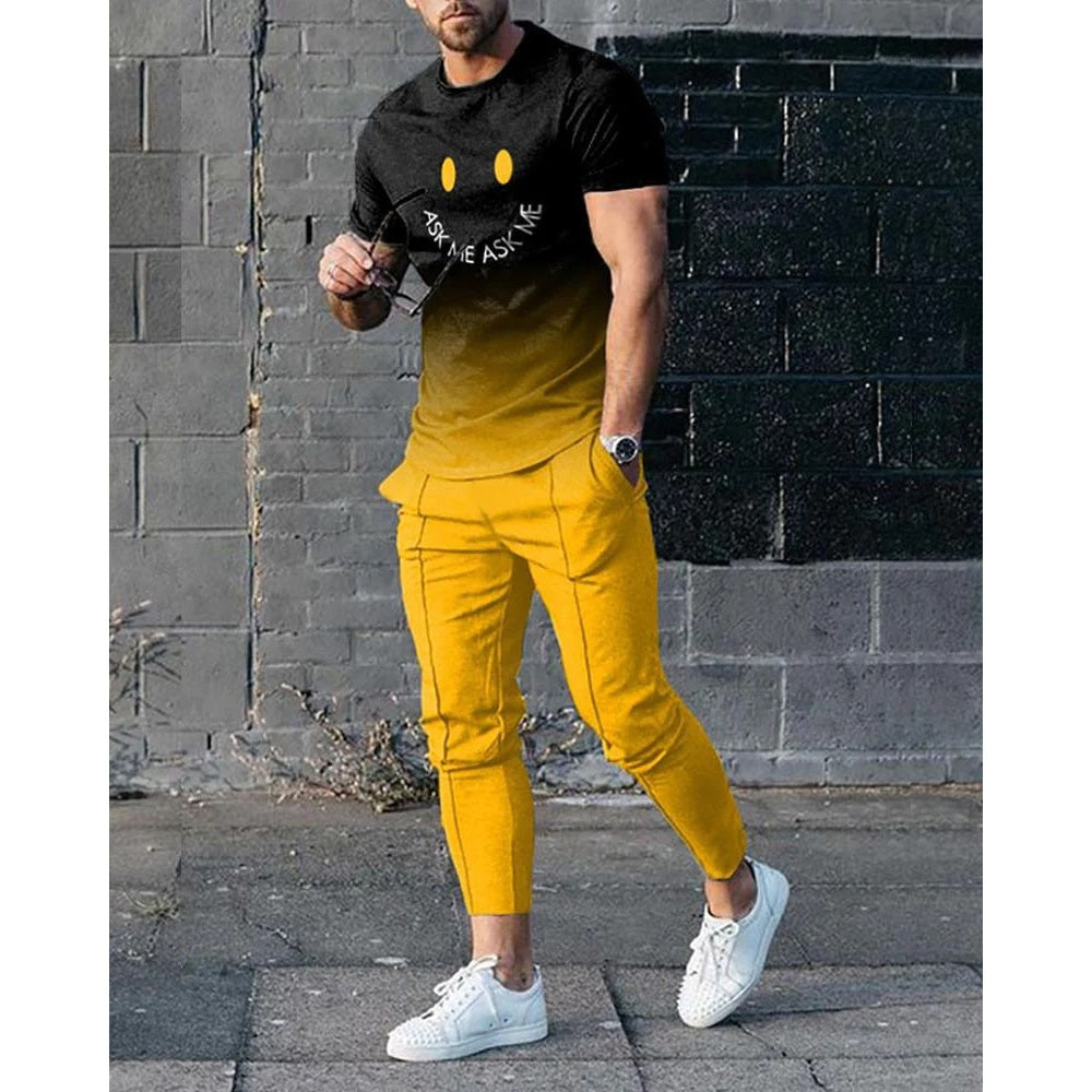 2023 Summer Men's New Super Large 3D Smiling Face T-shirt+Pants Two Piece Set of Fashion Casual Street Sportswear European S-4XL