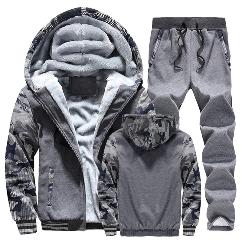 Men Winter Tracksuit Sets Thick Warm Jacket Zipper Hooded Sweatshirt Coat+Pants Brand Sportswear Casual Fleece Outwear Hoody