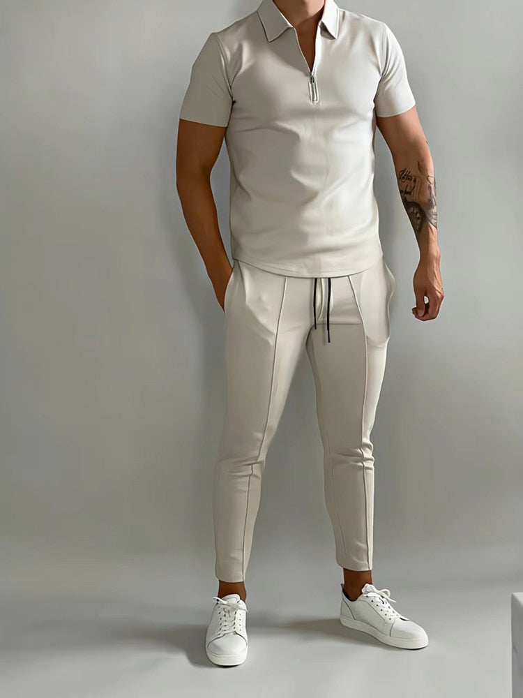 New Solid Color Men's Suit Summer Casual  Short Sleeve Polo Shirt Calf pants &for Men Streetwear Male tracksuit 2-piece set