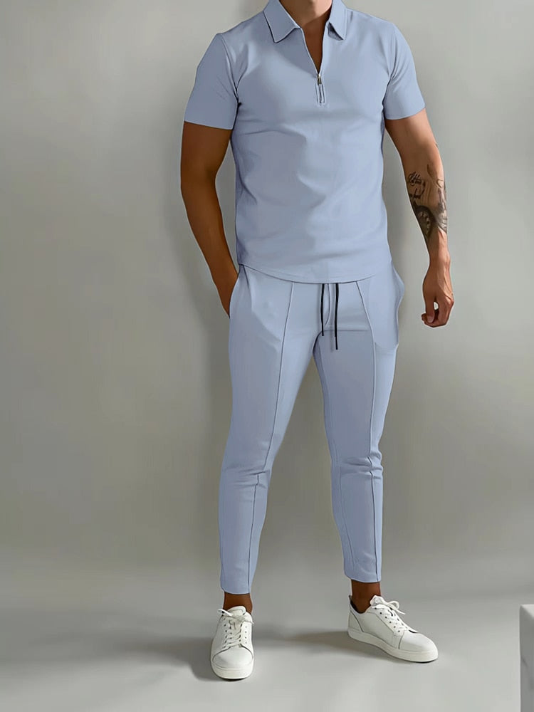 New Solid Color Men's Suit Summer Casual  Short Sleeve Polo Shirt Calf pants &for Men Streetwear Male tracksuit 2-piece set