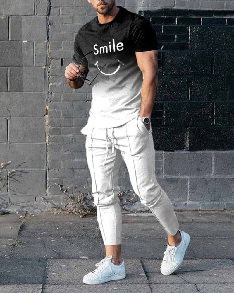 2023 Summer Men's New Super Large 3D Smiling Face T-shirt+Pants Two Piece Set of Fashion Casual Street Sportswear European S-4XL