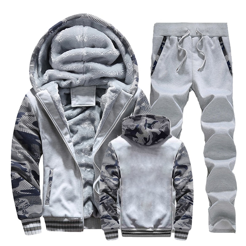 Men Winter Tracksuit Sets Thick Warm Jacket Zipper Hooded Sweatshirt Coat+Pants Brand Sportswear Casual Fleece Outwear Hoody