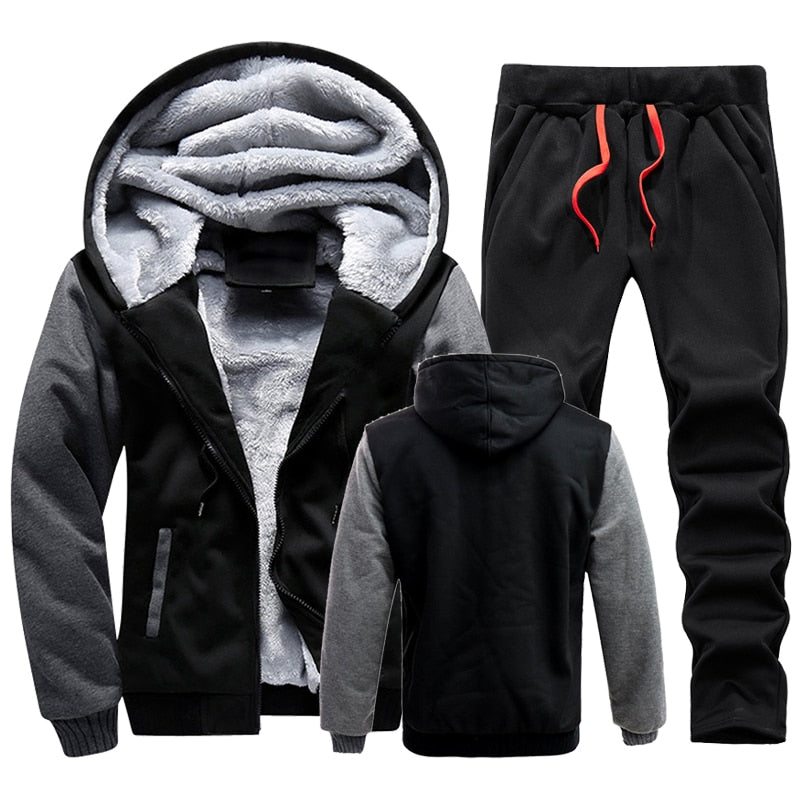 Men Winter Tracksuit Sets Thick Warm Jacket Zipper Hooded Sweatshirt Coat+Pants Brand Sportswear Casual Fleece Outwear Hoody