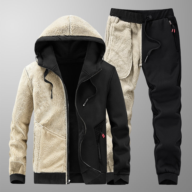 Men's Sets Jacket + pant Warm Fur Winter Sweatshirt Cashmere Tracksuit Men's Sets Fleece Thick Hooded Brand Casual Track Suits