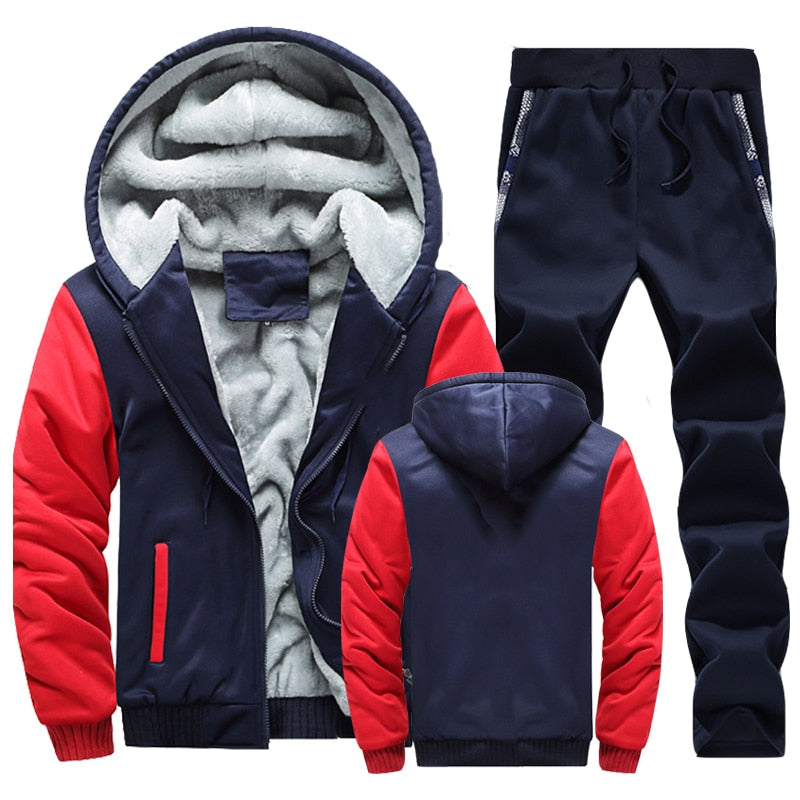 Men Winter Tracksuit Sets Thick Warm Jacket Zipper Hooded Sweatshirt Coat+Pants Brand Sportswear Casual Fleece Outwear Hoody