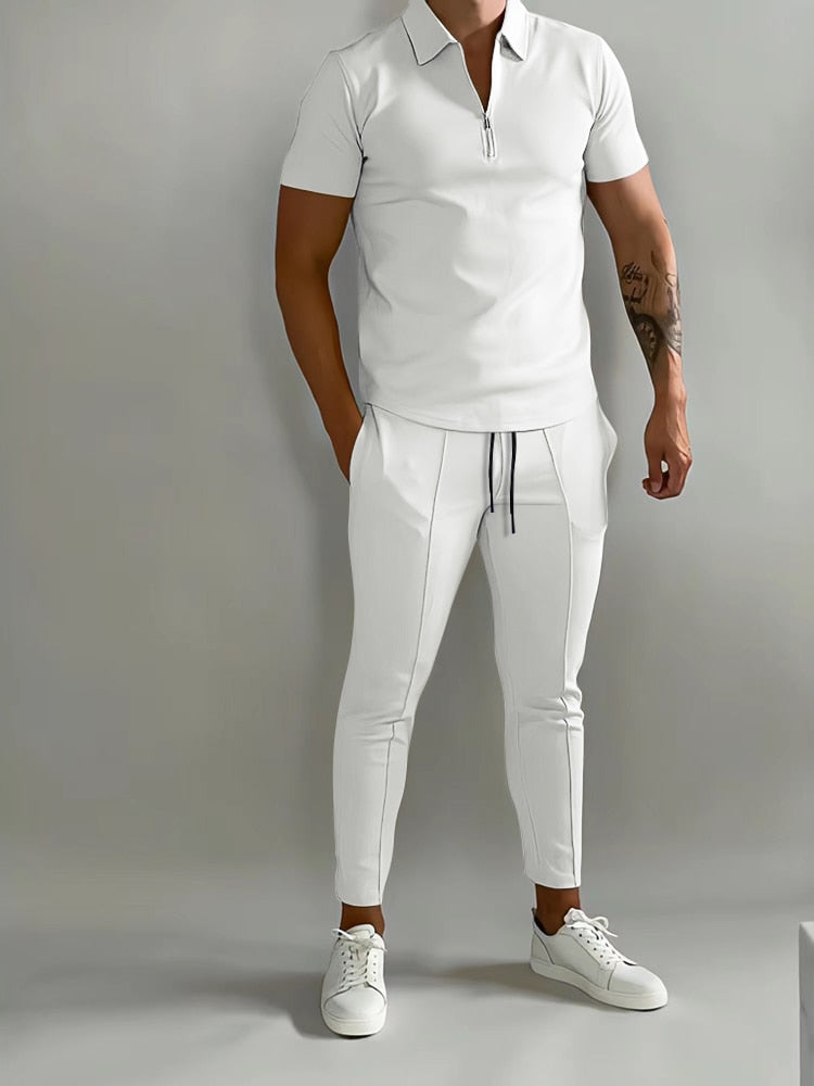 New Solid Color Men's Suit Summer Casual  Short Sleeve Polo Shirt Calf pants &for Men Streetwear Male tracksuit 2-piece set