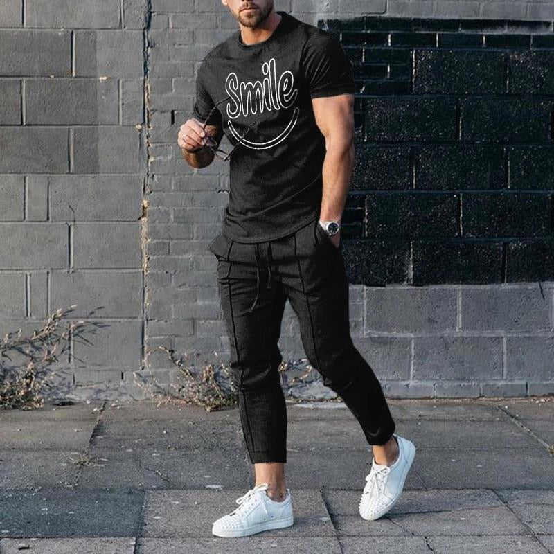 2023 Summer Men's New Super Large 3D Smiling Face T-shirt+Pants Two Piece Set of Fashion Casual Street Sportswear European S-4XL