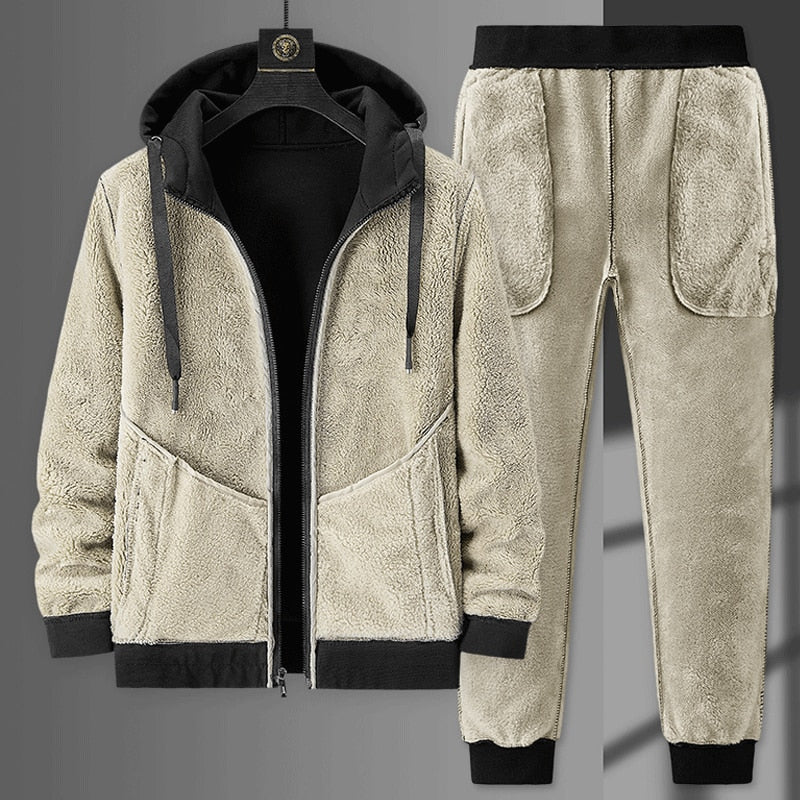 Men's Sets Jacket + pant Warm Fur Winter Sweatshirt Cashmere Tracksuit Men's Sets Fleece Thick Hooded Brand Casual Track Suits