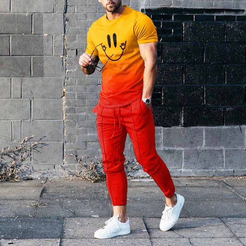 2023 Summer Men's New Super Large 3D Smiling Face T-shirt+Pants Two Piece Set of Fashion Casual Street Sportswear European S-4XL