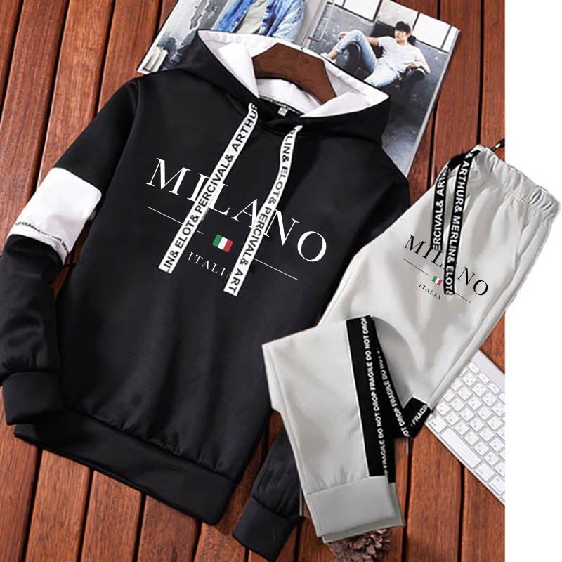 Men's Milano Letters Print Sweatshirt Set Hoodies Sweatpants Tracksuit 2 Pcs Outfits Jogger Suit Male Pullover Luxury Streetwear